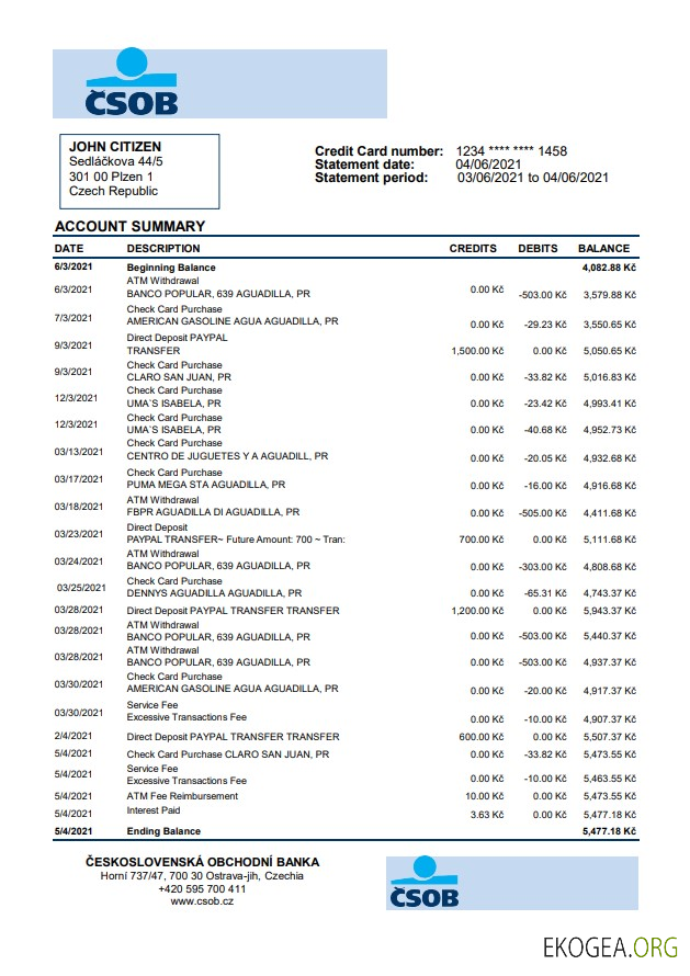 République tchèque Relevé bancaire de Československá Obchodní Banka modèle facile à remplir au format de fichier .xls et .pdf